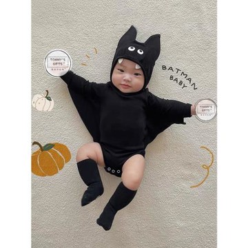 韓國萬圣節秋長袖嬰兒可愛超萌男寶寶蝙蝠造型哈衣爬服連體衣套裝