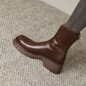 美式復古小個子圓頭松糕底拉鏈短靴2025秋冬新款棕色西部牛仔靴女