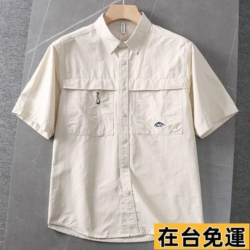 🔥台灣發出🔥 2023夏季新款日系復古寬鬆時尚休閒工裝口袋短袖襯衣半袖襯衫男士