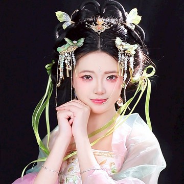 漢服頭飾古風發飾造花液蝴蝶綠色長流蘇發釵飄帶清新流蘇邊夾步搖 z8093