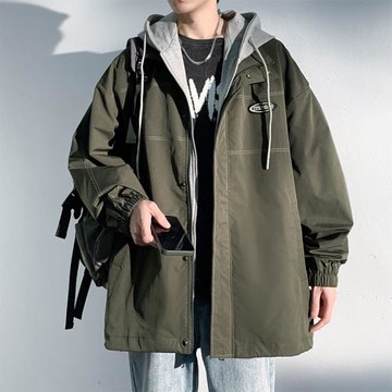 假兩件沖鋒衣外套男秋冬胖子寬松大碼日系潮牌軍綠色連帽工裝夾克