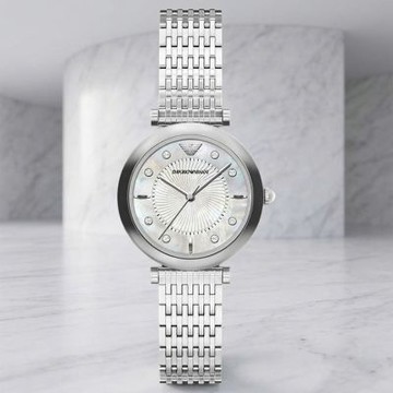 EMPORIO ARMANI 亞曼尼 Archelia 晶鑽白月光優雅氣質珍珠貝女錶 開學購物季 送禮首選-銀/32mm AR11807