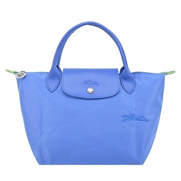 LONGCHAMP LE PLIAGE GREEN系列刺繡短把再生尼龍摺疊水餃包(小/矢車菊藍)