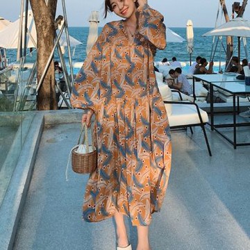 [巴黎精品] 現貨+預購 高級法式長洋裝中長裙洋裝連身裙子A字裙大碼寬鬆休閒女裝-長袖印花女裙子a1ku46