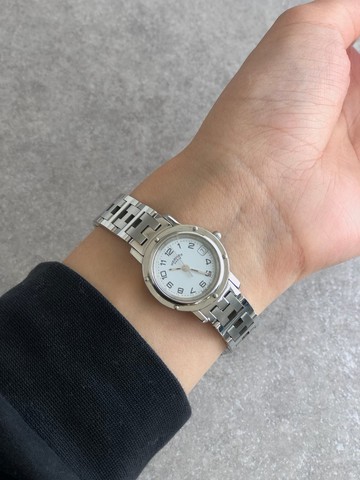 【 日本直送 名牌中古包 】HERMES 愛馬仕 手錶 銀色 不鏽鋼 石英機芯 Clipper vintage 古董 efbvgb