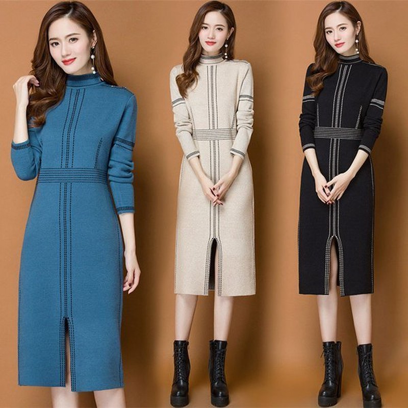 ワンピースレディース膝丈ワンピース秋ニットワンピース長袖タイト丸首ワンピース30代40代50代上品s 4xl 通販 Lineポイント最大0 5 Get Lineショッピング