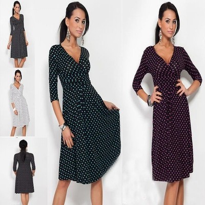 レディース ワンピース 七分袖 ミディアム丈 膝丈 きれいめ かわいい おしゃれ レトロ 昭和風 柄 ドット 水玉 ウエスト 絞り Vネック 白 赤 通販 Lineポイント最大get Lineショッピング