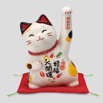 日本製【薬師窯】瀨戶純手工彩繪必勝招福招財貓(附鈴鐺、大)Ykcat-7826