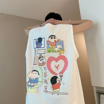 背心男夏季卡通印花嘻哈ins夏季潮坎肩寬鬆無袖t恤蠟筆小新上衣