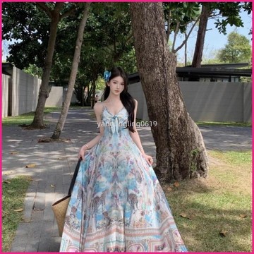 波西米亞風v領吊帶洋裝女夏度假裙寬鬆長裙氣質高腰大擺裙 YZBC