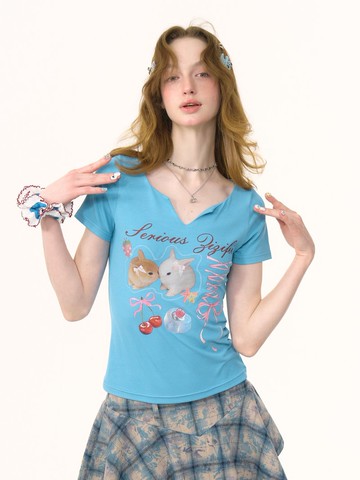 ziziFei夏季美式復古設計感小V領兔子印花修身顯瘦上衣短袖t恤女