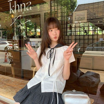 🐻小衆設計感抽繩領短袖襯衫女夏季新款上衣洋氣小衫休閒百搭上衣