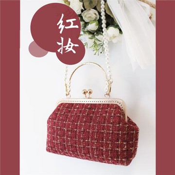 神隱紅妝小香風呢子單肩斜跨復古旗袍漢服口金包包女包酒紅款婚包