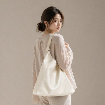 ANNA DOLLY 慵懶大容量荔枝紋肩背包 皮革托特包 Hobo包 側背包 A4可放 通勤包 白色