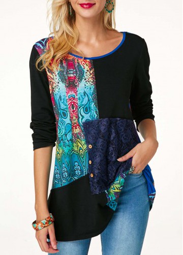 Printed Button Detail Lace Panel Long Sleeve Blouse