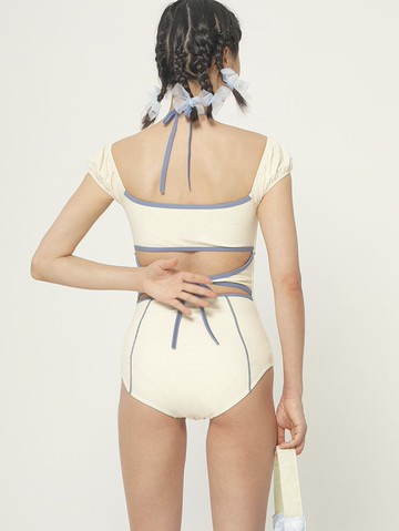 泡泡袖一字肩 幾何線條裝飾 掛脖連體泳衣 可外穿