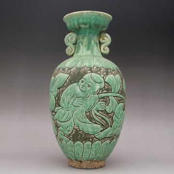 宋磁州窯 黑地綠釉 剔花刻花紋 四系花瓶 古玩古董陶瓷器收藏擺件