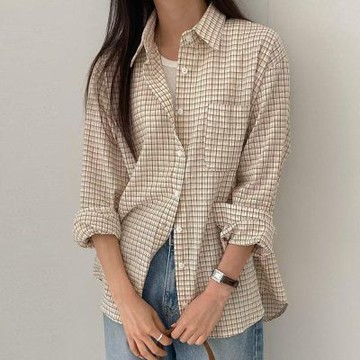 正韓女上衣 羅納格紋長袖襯衫STP1071-創翊韓都