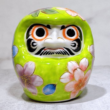 【翠櫻吉祥】日本清水燒達摩 | 色繪 綠地櫻 小號
