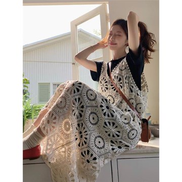 大碼女裝法式小眾設計感吊帶連衣裙女夏季胖mm鏤空裙子上衣兩件套