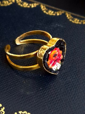 vintage jewelry   義大利微型馬賽克 心型花卉 戒指