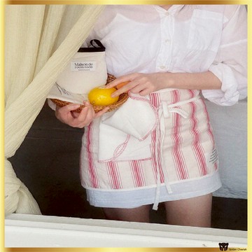 MAISON DE ROOM ROOM ROOM 威尼斯繩圍裙,可調節腰部棉質半圍裙(紅色/綠色條紋)韓國製造