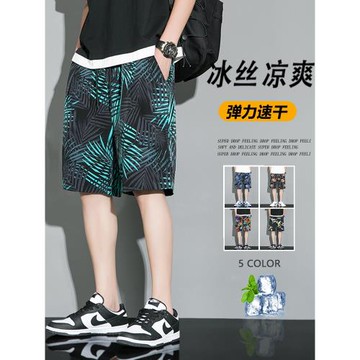 短褲男款夏季外穿冰絲速干沙灘褲男士泳褲寬松五分休閑運動花褲衩