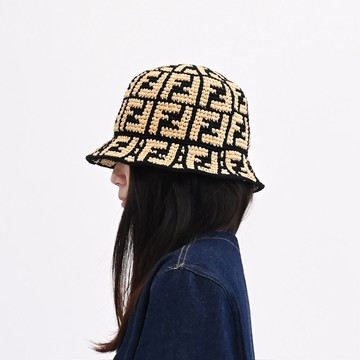 FENDI FXQ688 FF LOGO編織造型漁夫帽/遮陽帽.黑邊