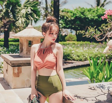 VEN削肩撞色兩截式泳衣