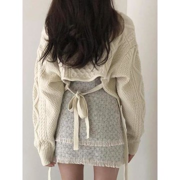 小眾設計感針織衫女秋冬寬松韓系ins綁帶v領短款慵懶風毛衣小個子