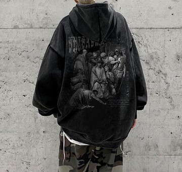 FINDSENSE X 2022 街頭時尚 男士 寬鬆大尺碼 復古洗水 人物圖案 連帽外套 上衣