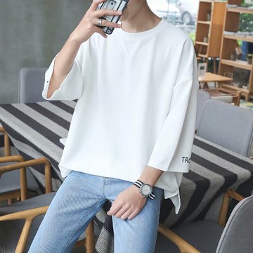 日系男士半袖五分短袖T恤ins潮流潮牌寬松開叉七分袖白色體?男T