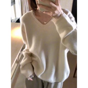 韓系慵懶風v領毛衣女秋冬2025新款重工設計感蕾絲拼接針織衫上衣