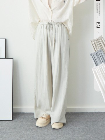 抽繩假反摺寬褲／鬆緊腰闊腿褲－【350282】