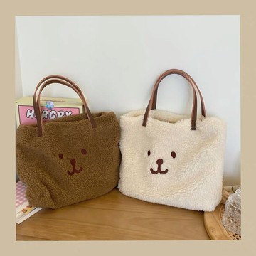 手提包🎀 日系可愛刺繡秋冬手提包包大容量小熊刺繡羊羔毛購物袋
