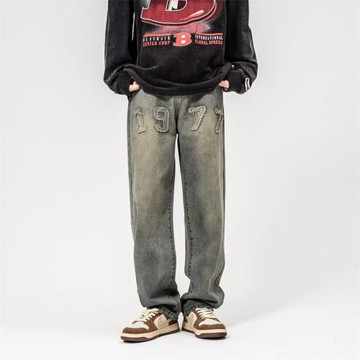 褲子男高街vibe工裝牛仔褲春秋新美式復古做舊貼布刺繡長褲直筒褲