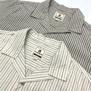 全棉色織細條紋短袖襯衫男日系復古夏季古著古巴領寬松半袖女上衣