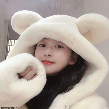 冬季連帽寬鬆可愛小熊耳朵加厚毛毛絨中長款仿皮草外套女