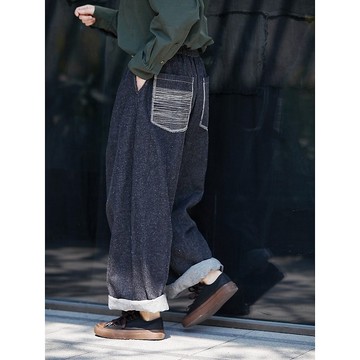 三季款須黑色漢麻棉松緊腰經典女士休閒直筒牛仔褲