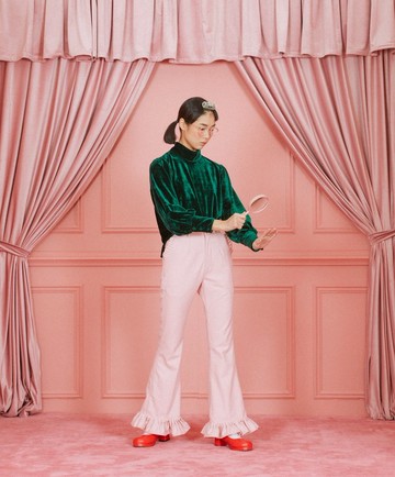 羊毛呢荷葉邊喇叭褲