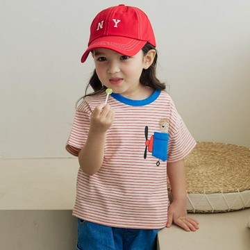 韓國 Orange Mom - 飛行獅子條紋短袖上衣-紅X寶藍