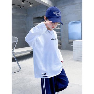 男童秋季白色長袖T恤2025新款中大兒童裝衣服男孩春秋寬松上衣潮