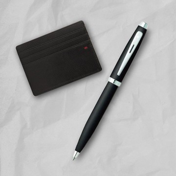 【SHEAFFER】100系列霧黑銀夾原子筆+經典卡夾禮盒 免費刻字