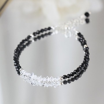 赫基蒙閃靈鑽  黑尖晶小顆水晶純銀手鍊 避邪防小人平安 誕生石