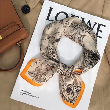 復古花朵真絲絲巾100%桑蠶絲圍巾53cm小方巾春季百搭裝飾小領巾女