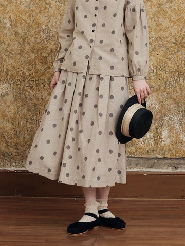 麻色植絨波點松緊腰百搭半裙棉麻