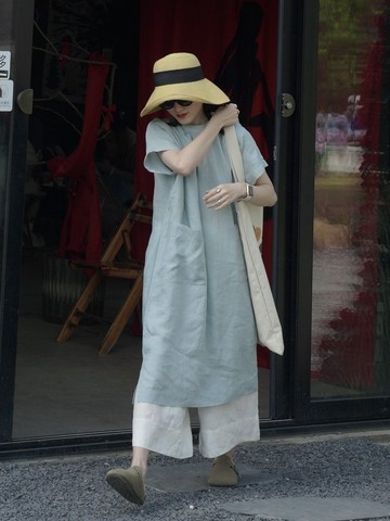 原創日系女裝短袖亞麻寬松百搭圓領連衣裙夏日長袍子