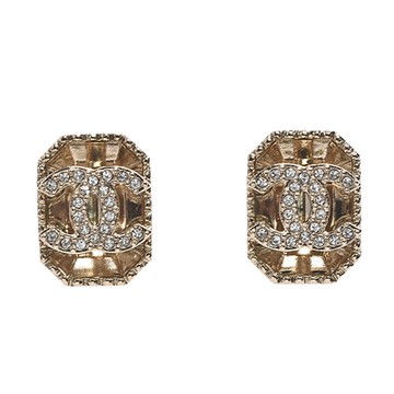 CHANEL 經典水鑽鑲飾雙C LOGO方框造型耳環(金色)