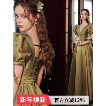 典雅綠色泡泡袖生日藝考晚宴年會主持人大合唱演出禮服18969批發