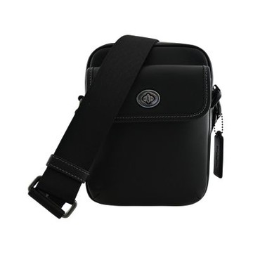 COACH 黑色素面皮革前扣袋斜背男包(小)